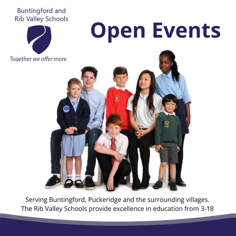 Open Days and Open Evenings. Image depicts 7 children from various schools in the Buntingford and Rib Valley Schools group.